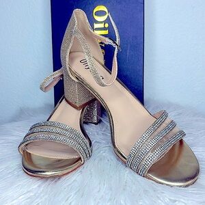 OILYONG Gold Glitter Rhinestone Ankle Strap Low Block Chunky Heeled formal